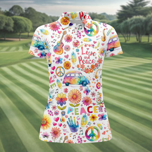 Maxcorners Retro Love Peace Van Floral Hawaiian Golf Shirt, Women’s Golf Tops, Performance Golf Shirt LM1507