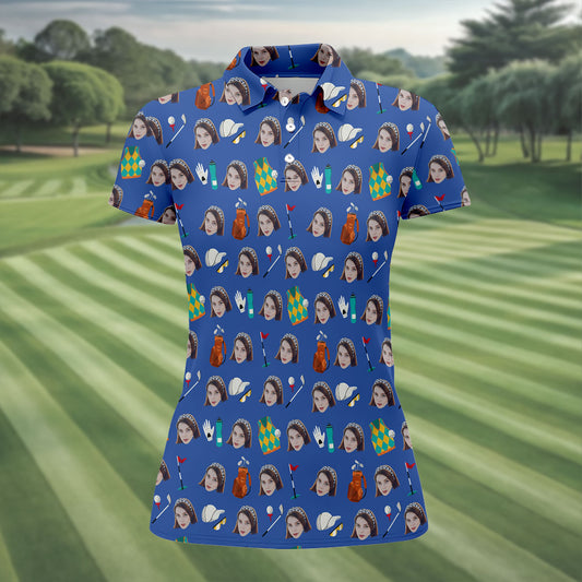 Maxcorners Blue Custom Photo Golf Icons Polo Shirt, Women’s Golf Polo, Performance Golf Shirt LM1507