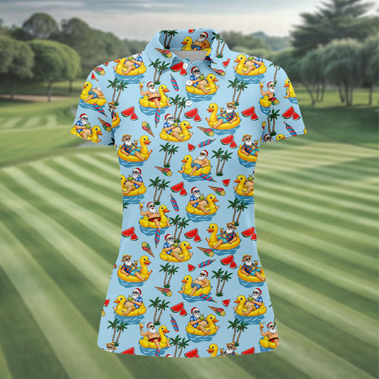 Maxcorners Women's Santa Duck Pool Float Hawaiian Golf Shirt, Christmas Golf Shirt, Women’s Golf Polo LM1507