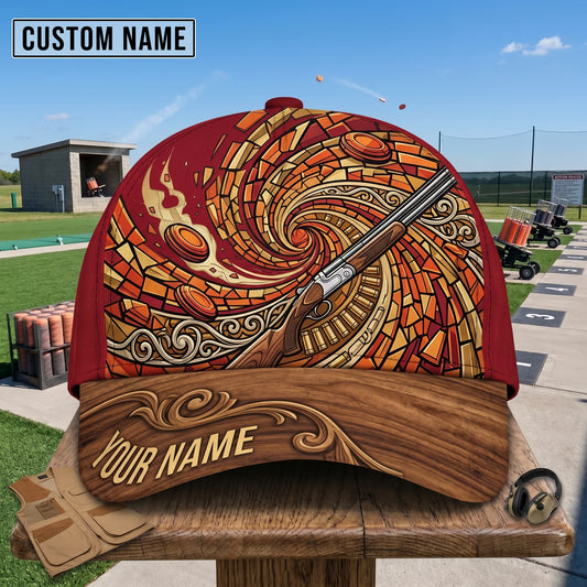 (10 Colors) Maxcorners Trap Shooting Stained Glass Mosaic Vortex Shotgun Wood Engraved Brim Personalized Classic Cap