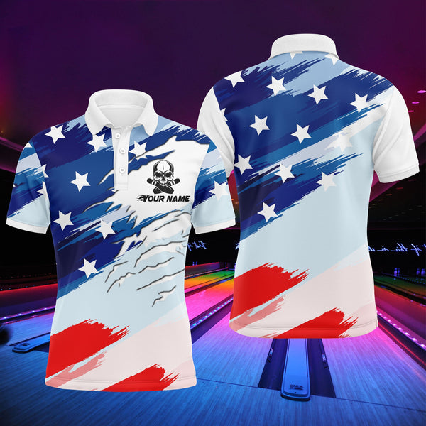 Maxcorners Bowling American Flag Skull Bowler Customized Name 3D Shirt