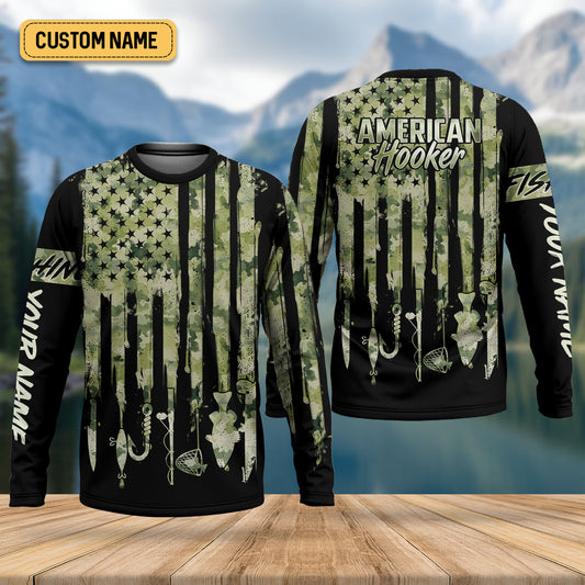 Maxcorners American Hooker Patriotic Fishing Shirt, Camo Fishing Shirt, SPF Shirt For Men, Gift For Fisherman