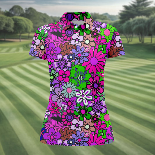 Maxcorners Pink Purple Retro Flower Power Golf Shirt, Women’s Golf Apparel, Hawaiian Golf Shirt, Golf Polo For Women LM1507