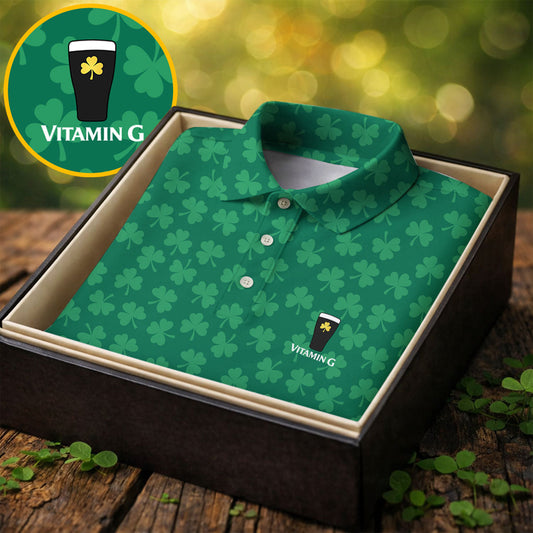 Maxcorners Vitamin G Shamrock Pattern Golf And Beer Green Golf Shirt, St Patrick's Day Golf Shirt, Polo Shirts For Men