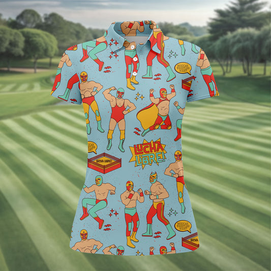 Maxcorners Blue Lucha Libre Mexican Wrestler Pattern Golf Shirt, Golf Tops For Women, Women’s Golf Apparel LM1507