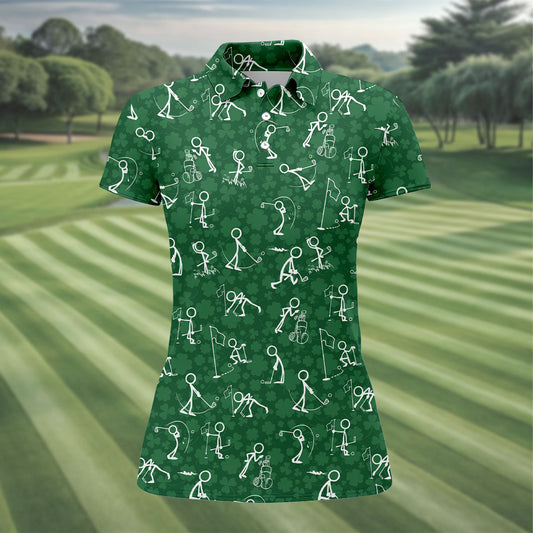 Maxcorners Stick Figure Golf Pose Shamrock Golf Shirt, St Patrick's Day Ladies Golf Polos, Golf Shirt For Women