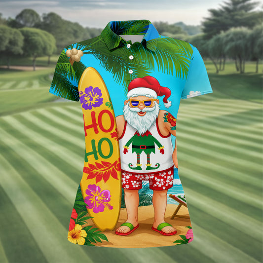 Maxcorners Surfboard Santa Tropical Christmas Golf Shirt, Women's Golf Tops, Hawaiian Golf Shirt LM1507