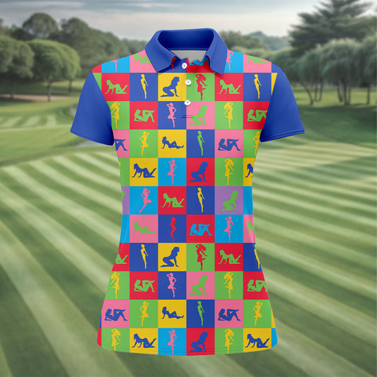 Maxcorners Colorful Pin Up Silhouette Pop Art Golf Polo Shirt, Women's Golf Polo, Golf Shirts For Women LM1507