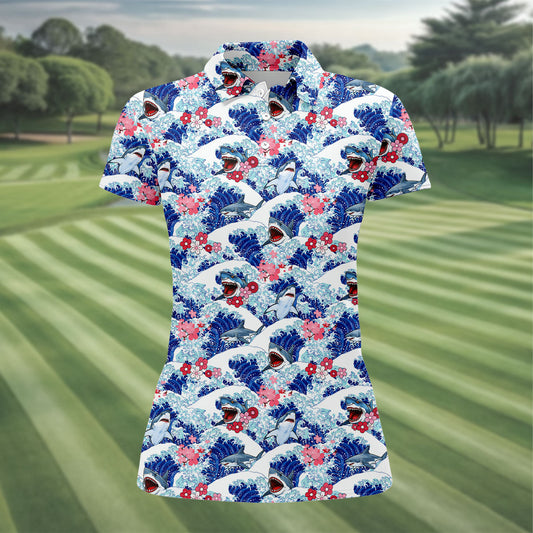 Maxcorners Funny Shark Japanese Wave Hawaiian Golf Shirt, Women's Golf Tops, Ladies Golf Shirts LM1507