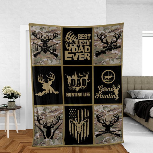 Maxcorners Hunting Life Best Buckinâ€™ Dad Ever Fleece Blanket - Camouflage Deer & Rifle Design - Gift for Hunters LM1611