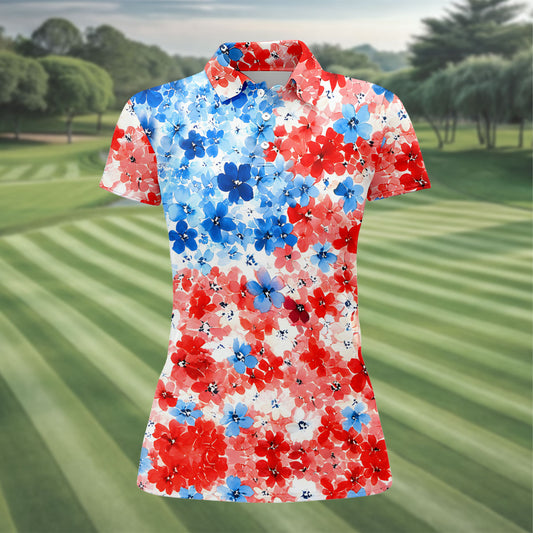 Maxcorners Patriotic Floral Golf Shirt, Red White Blue Blossom Pattern, Golf Shirt For Women LM1507