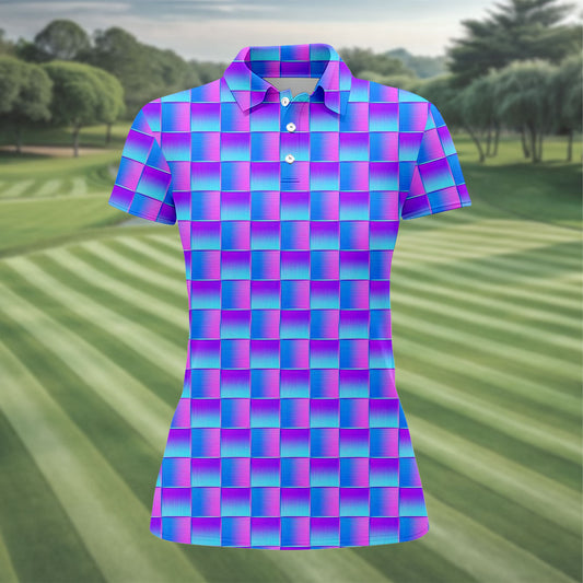 Maxcorners Purple Blue Gradient Checkered Pattern Golf Shirt, Ladies Golf Shirts, Women’s Golf Apparel, Printed Golf Shirt LM1507