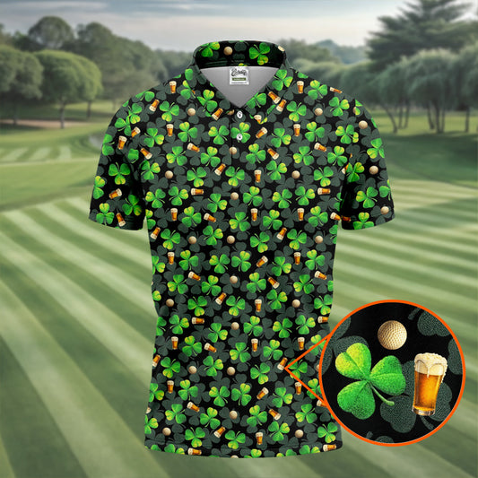 Maxcorners St Patrick's Day Beer Golf Ball Pattern Shamrock Golf Shirt, Polo Shirts For Men, Golf Shirts For Men