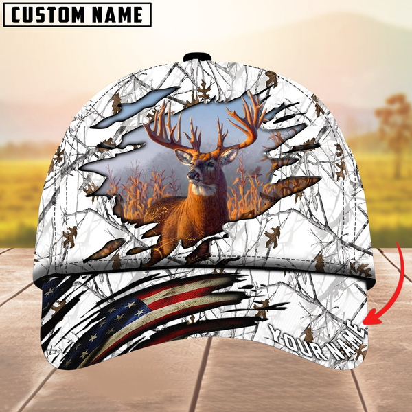 Maxcorners Deer Hunting USA Flag Crack Camouflage Pattern Multicolor Personalized Name 3D Cap