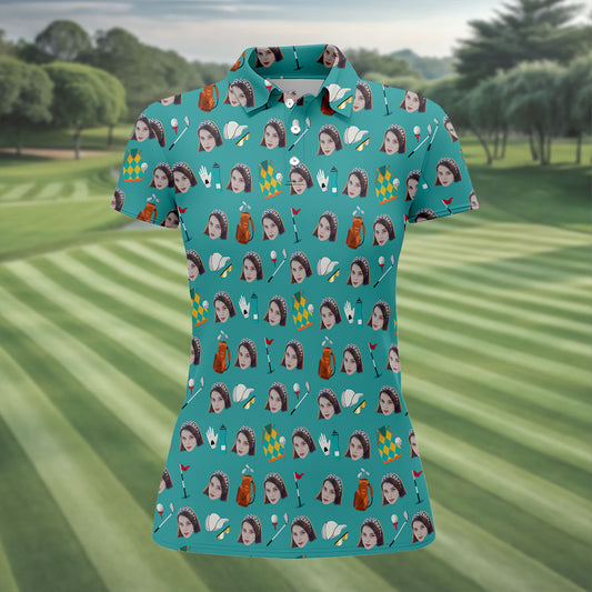 Maxcorners Teal Custom Photo Golf Icons Polo Shirt, Golf Tops For Women, Printed Golf Shirt LM1507