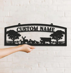 Maxcorners Personalized Farm Metal Sign WITH LED/WITHOUT LED - Rustic Ranch Name Sign with Livestock, Deer & Trees for Barn, Cabin & Outdoor Decor LM0110