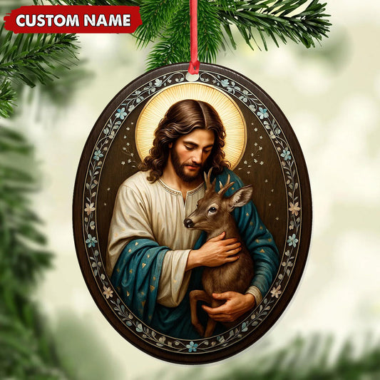 Maxcorners Custom Jesus Holding Deer Christmas Ornament, Personalized Name Christian Tree Decoration, Religious Woodland Gift for Faith Family MT2411