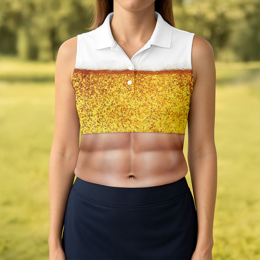 Maxcorners Bubbly Beer Foam Faux Abs Sleeveless Crop Golf Shirt, Golf Tops For Women, Ladies Golf Top LM1507