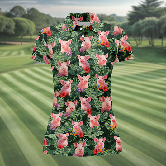 Maxcorners Cute Pig Tropical Monstera Hawaiian Golf Polo Shirt, Golf Shirts For Women, Women's Golf Apparel LM1507