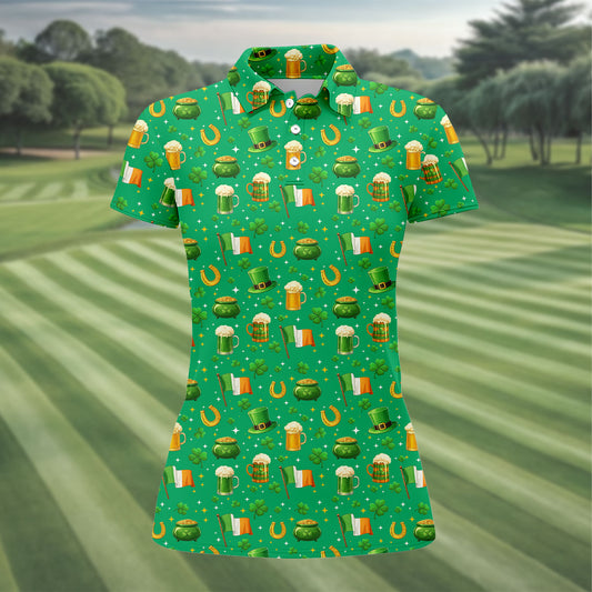 Maxcorners St Patrick's Day Pot Of Gold Leprechaun Hats Irish Flag Women's Golf Tops, Ladies Golf Shirts