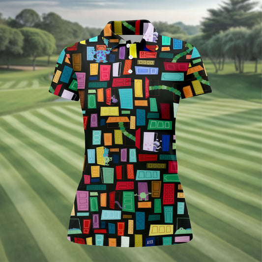 Maxcorners Monster Door Golf Shirt, Colorful Animated Monster World Pattern, Golf Shirt For Women LM1507
