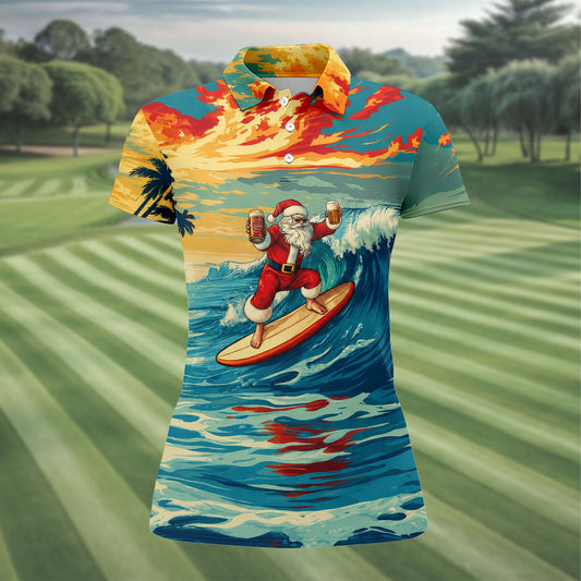 Maxcorners Tropical Surfing Santa Sunset Christmas Golf Shirt, Women's Golf Tops, Hawaiian Golf Shirt LM1507