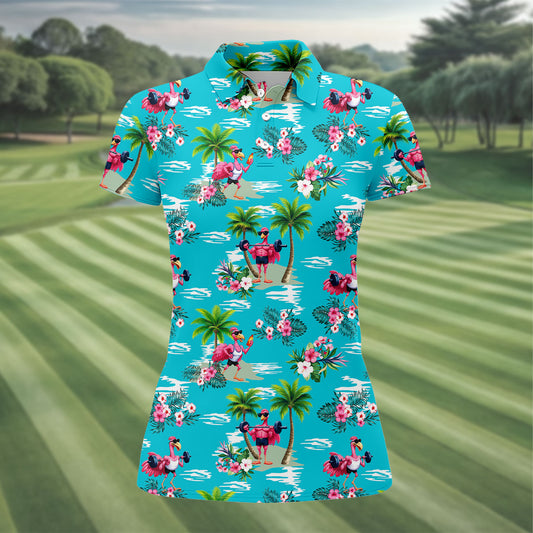 Maxcorners Funny Weightlifting Flamingo Tropical Hawaiian Golf Shirt, Golf Polo For Women, Printed Golf Shirt LM1507