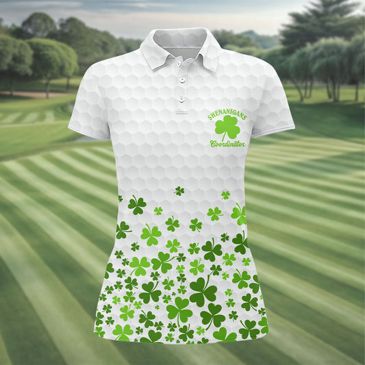 Maxcorners Shenanigans Coordinator Golf Ball Pattern St Patrick Day White Golf Shirt, Women's Golf Tops, Ladies Golf Polos