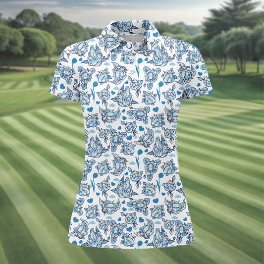 Maxcorners Blue Rose Floral Heart Pattern Golf Shirt, Women's Golf Tops, Golf Polo For Women LM1507