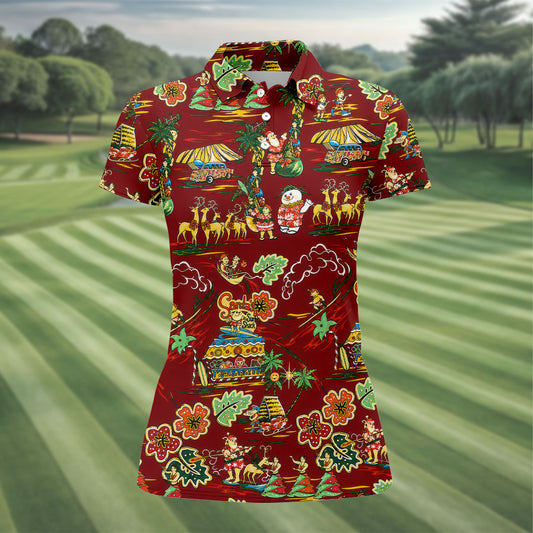 Maxcorners Women's Tropical Santa Surf Shack Golf Shirt, Christmas Golf Shirt, Women’s Golf Apparel LM1507