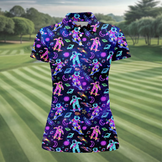 Maxcorners Neon Astronaut Skateboarding Galaxy Polo Shirt, Women’s Golf Polo, Golf Shirts For Women, Printed Golf Shirt LM1507