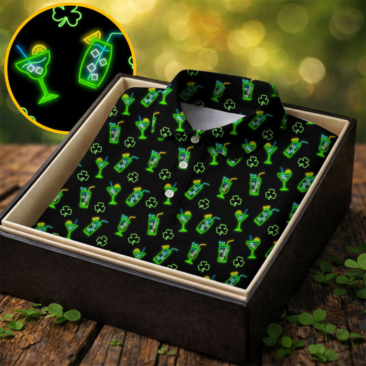 Maxcorners Neon Green Cocktails Three Leaf Clover St Patrick's Day Golf Shirt, Golf Gift For Men, Golf Shirts For Men