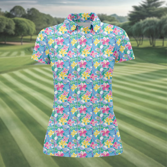 Maxcorners Tropical Floral Golf Clubs Hawaiian Golf Polo Shirt, Women's Golf Polo, Golf Tops For Women LM1507