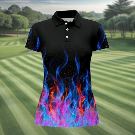 Maxcorners Black Blue Flame Fire Pattern Golf Shirt, Ladies Golf Shirts, Women’s Golf Apparel, Printed Golf Shirt LM1507