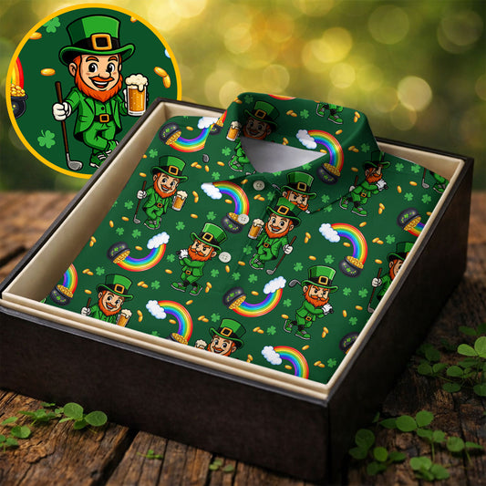 Maxcorners St Patrick's Day Leprechaun Golf Pose Irish Flags Shamrock Golf Shirt, Golf Tops For Men, Golf Shirts For Men