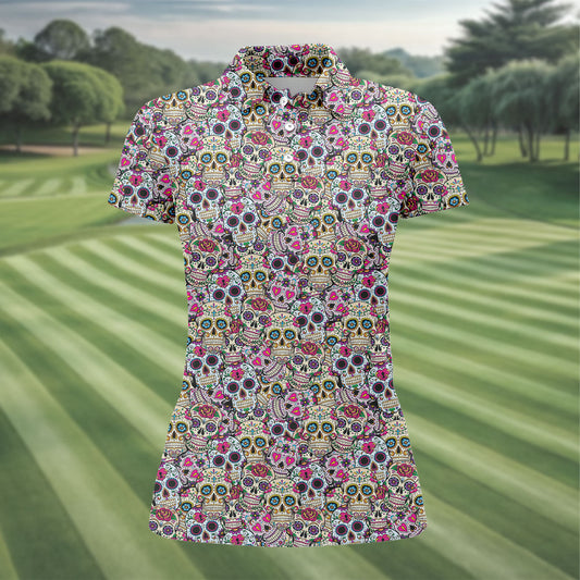 Maxcorners Colorful Sugar Skull Floral Golf Polo Shirt, Golf Shirts For Women, Women’s Golf Polo LM1507