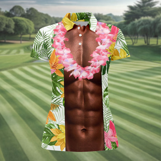 Maxcorners Tan Skin Tropical Muscle Chest Hawaiian Golf Polo Shirt, Women's Golf Tops, Performance Golf Shirt LM1507