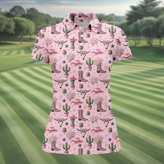 Maxcorners Pink Western Boots Roses Cactus Pattern Hawaiian Golf Shirt, Printed Golf Shirt, Women’s Golf Apparel LM1507