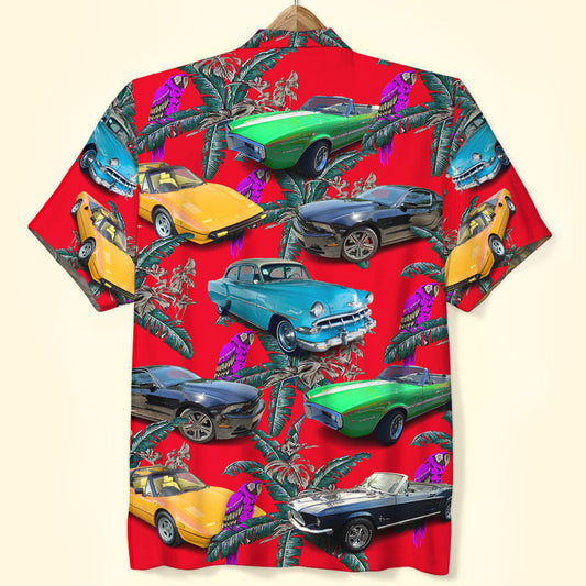 Maxcorners Custom Classic Car Photo Hawaiian Shirt, Purple Parrot Seamless Pattern, Gift For Car Lovers