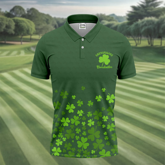 Maxcorners Shenanigans Coordinator Golf Ball Pattern St Patrick Day Green Golf Shirt, Golf Tops For Men, Golf Shirts For Men