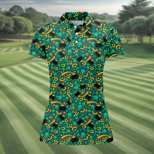 Maxcorners Shamrock Beer Lucky Four Leaf Clover St Patrick's Day Pot Of Gold Women's Golf Shirts, Ladies Golf Polos