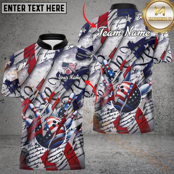 Maxcorners American Patriot Bowling Jersey Customized Name, Team Name 3D Polo Shirt