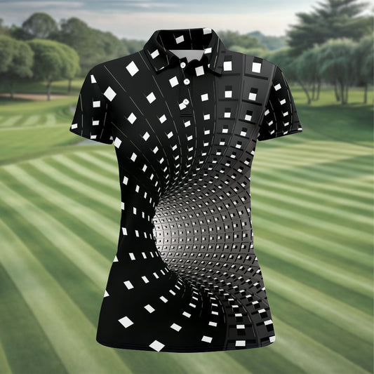 Maxcorners 3D Vortex Golf Shirt, Black White Optical Illusion Tunnel Pattern, Golf Shirt For Women LM1507