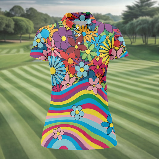 Maxcorners Retro Rainbow Floral Hippie Hawaiian Golf Shirt, Golf Shirts For Women, Women’s Golf Apparel LM1507