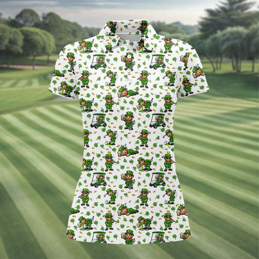 Maxcorners Funny Leprechaun Golf And Beer Green Shamrocks St Patrick's Day Golf Shirt, Women's Golf Shirts, Ladies Golf Polos