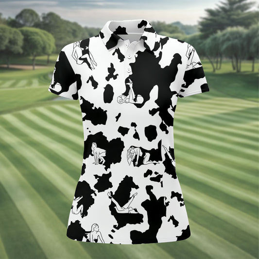 Maxcorners Cow Print Golf Shirt, Adult Humor Hidden Pin Up Pattern, Golf Shirt For Women LM1507