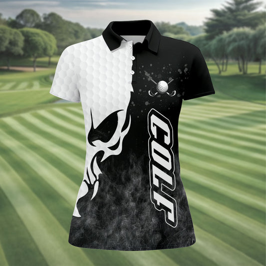 Maxcorners Monochrome Skull Golf Ball Graphic Golf Shirt, Golf Polo For Women, Printed Golf Shirt LM1507