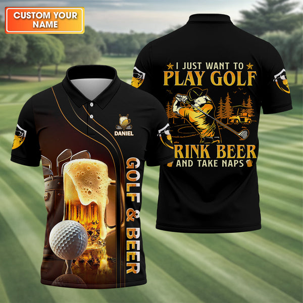 Maxcorners I Just Wanna Play Golf And Drink Beer Custom Golf Polo Shirt, Mens Golf Gift, Golf Lover Gift