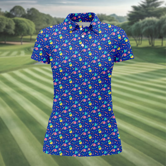 Maxcorners Memphis Pattern Hawaiian Golf Shirt, Retro Summer Women's Golf Tops, Ladies Golf Shirts LM1507