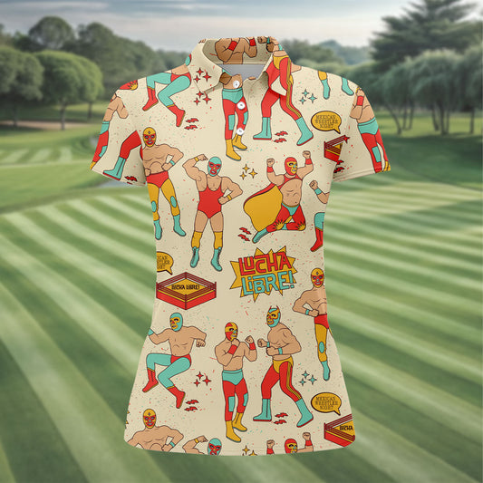 Maxcorners Beige Lucha Libre Mexican Wrestler Pattern Golf Shirt, Women's Golf Tops, Printed Golf Shirt LM1507